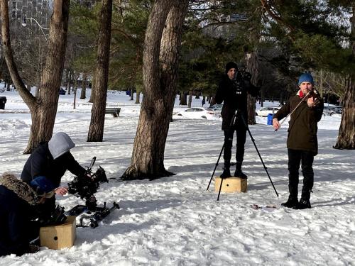 Alex Toskov of the Odin Quartet during a winter music video shoot in Toronto's High Park with the Tiny Pictures crew.