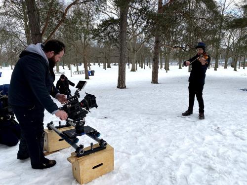Matt Antal of the Odin Quartet during a winter music video shoot in Toronto's High Park with the Tiny Pictures crew.