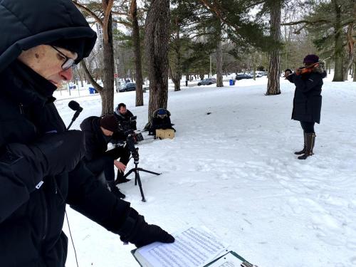 Tanya Charles Iveniuk of the Odin Quartet during a winter music video shoot in Toronto's High Park with the Tiny Pictures crew and composer Frank Horvat.