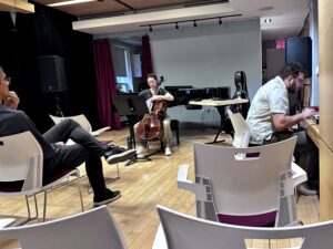 Workshopping Confined in Everyday Scenes at the Canadian Music Centre - Frank Horvat (composer), Joann Whang (cello), Joseph Glaser (CMC)
