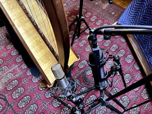 Sharlene Wallace's harp recording setup for Trees.Listen at Jean Martin's studio.